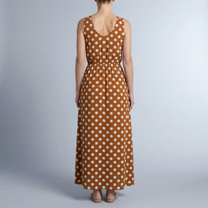 Women's Polka Dot Dress | Maxi Sleeveless Gathered Waist Brown back view
