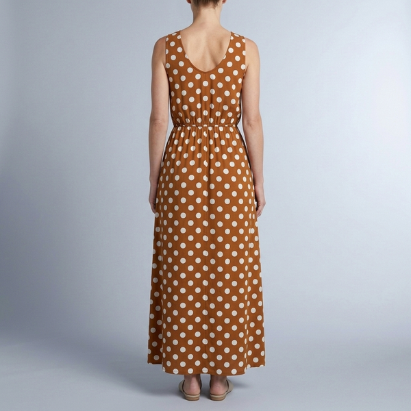 Women's Polka Dot Dress | Maxi Sleeveless Gathered Waist Brown back view
