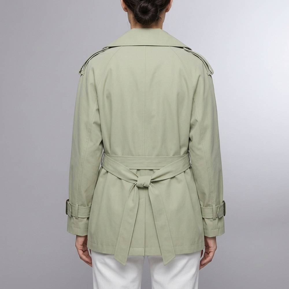 Women's Trench Coat | Belted Double Breasted Long Sleeve Green front view
