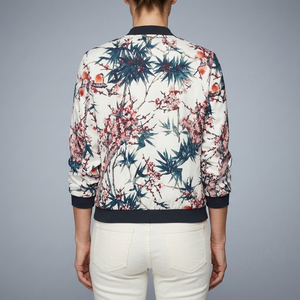Women's Bomber Jacket | Floral Print Zip Front Blue back view