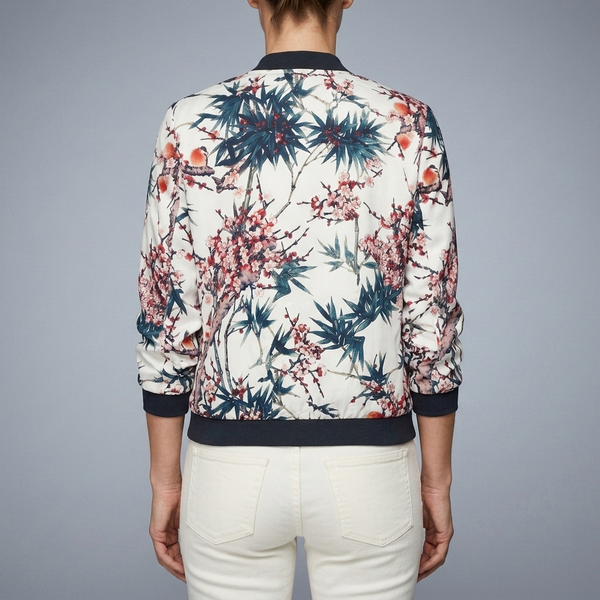 Women's Bomber Jacket | Floral Print Zip Front Blue back view