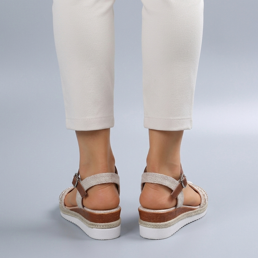 White Sandals For Women | Platform Ankle Strap Beaded White/Brown three-quarter front view
