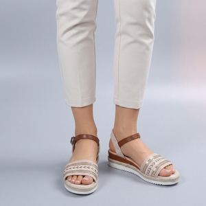 White Sandals For Women | Platform Ankle Strap Beaded White/Brown worn front view