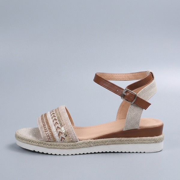 White Sandals For Women | Platform Ankle Strap Beaded White/Brown side profile