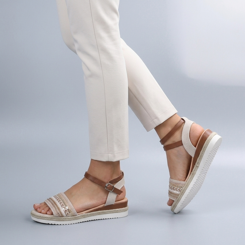 White Sandals For Women | Platform Ankle Strap Beaded White/Brown three-quarter front view