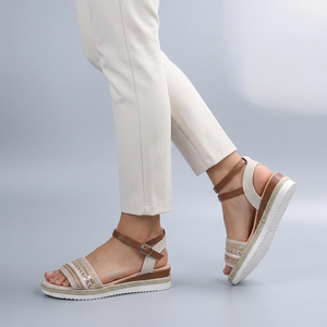 White Sandals For Women | Platform Ankle Strap Beaded White/Brown worn side view with sole