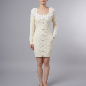 Women's Knit Dress | Midi White Lace Collar Long Sleeve White front view