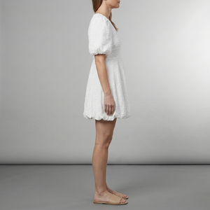 Women's White Dress | Mini Puff Sleeve Floral Embroidery White side view