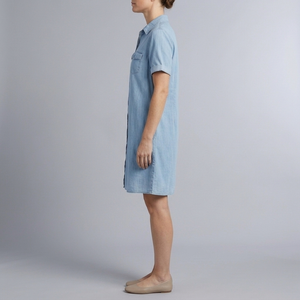 Women's Denim Dress | Midi Shirt Style Button Down Short Sleeve Blue side view