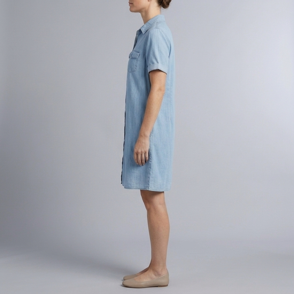 Women's Denim Dress | Midi Shirt Style Button Down Short Sleeve Blue side view