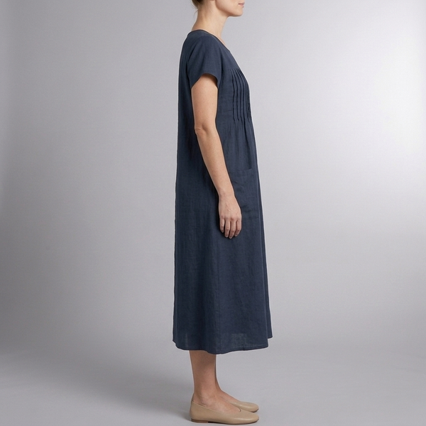 Women's Casual Dress | Midi Pleated Short Sleeve Blue side view