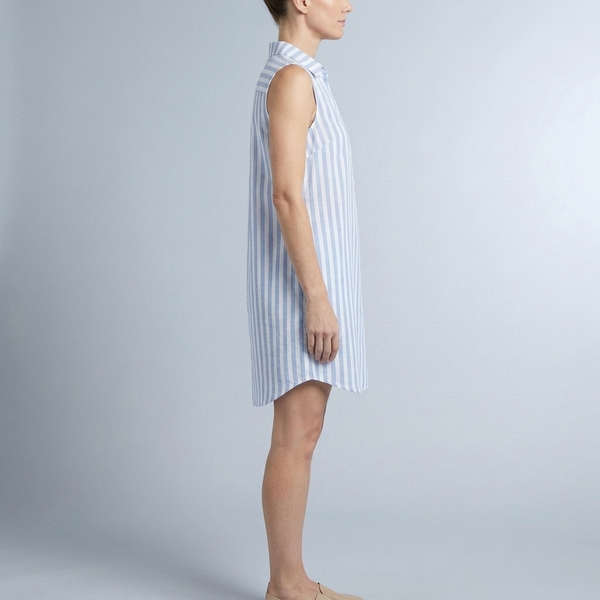 Women's Shirt Dress | Mini Striped Button Front Sleeveless Blue side view