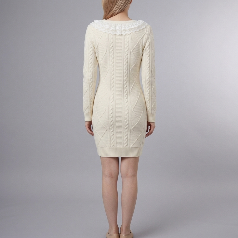 Women's Knit Dress | Midi White Lace Collar Long Sleeve White front view