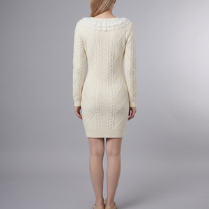 Women's Knit Dress | Midi White Lace Collar Long Sleeve White back view