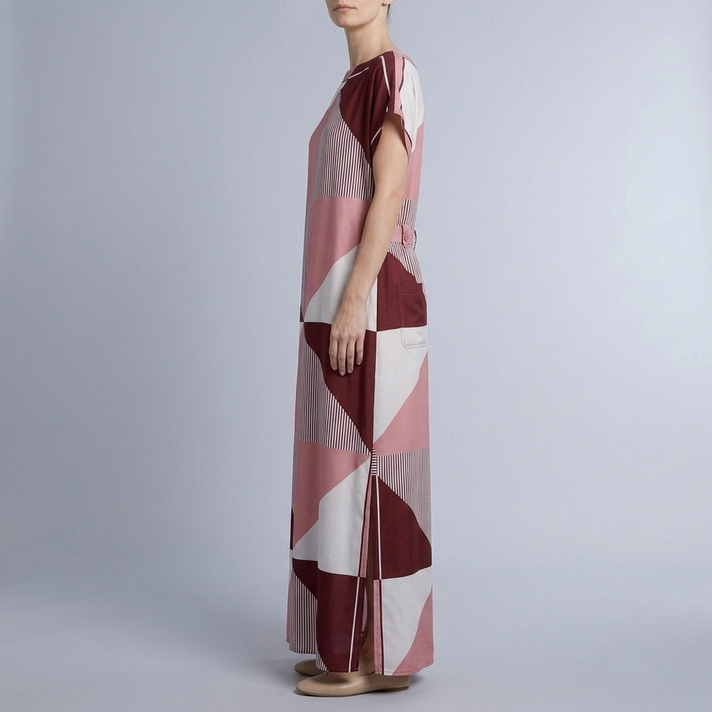 Women's Formal Dress | Maxi Geometric Print Satin Headscarf Set #01 front view