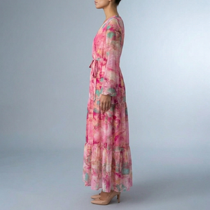 Women's Pink Dress | Maxi Wrap V-Neck Tiered Long Sleeve Pink side view