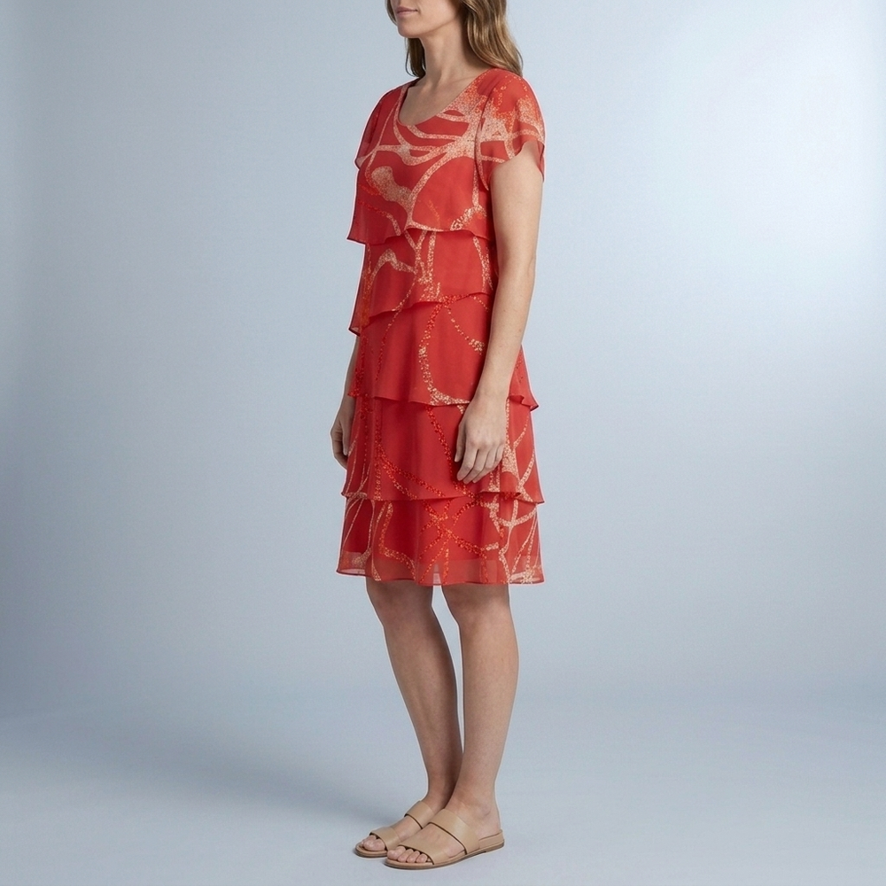 Women's Red Dress | Midi Tiered Abstract Short Sleeve Red front view