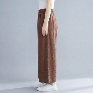 Women's Linen Pants | Wide Leg Cropped Elastic Waist Brown side view