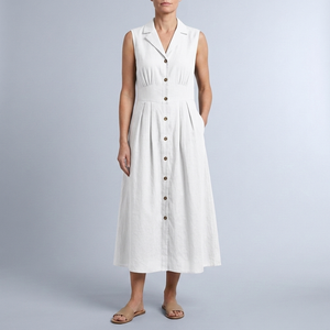 Women's Summer Dress | Midi Collared Button Front Sleeveless White front view