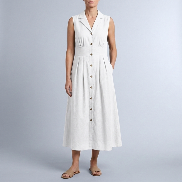 Women's Summer Dress | Midi Collared Button Front Sleeveless White front view