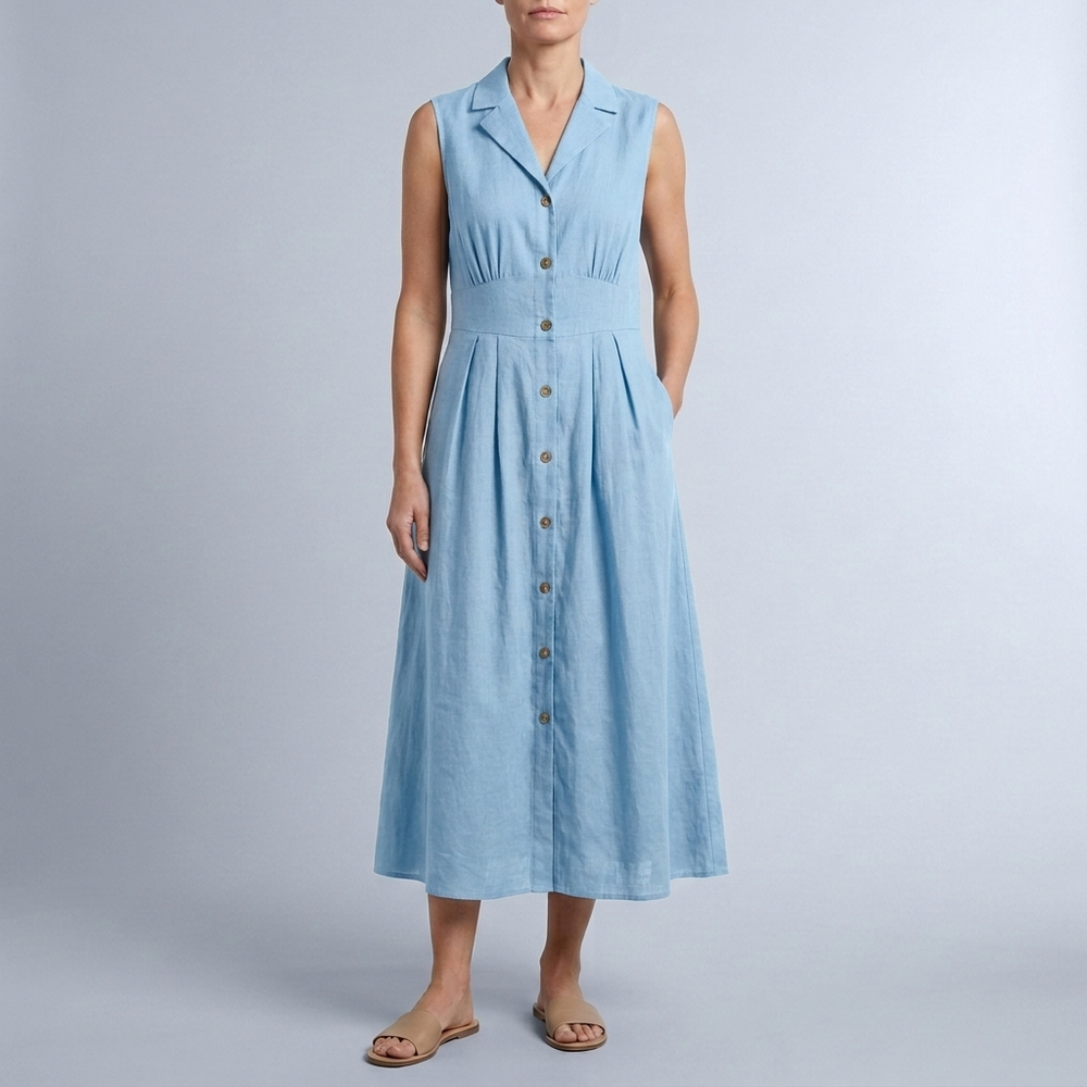 Women's Summer Dress | Midi Collared Button Front Sleeveless Black front view