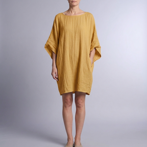 Women's Linen Dress | Midi Kaftan Batwing Sleeve Gold front view