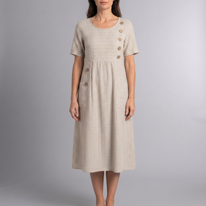 Women's Dress | Midi Striped Button Front Short Sleeve Beige front view