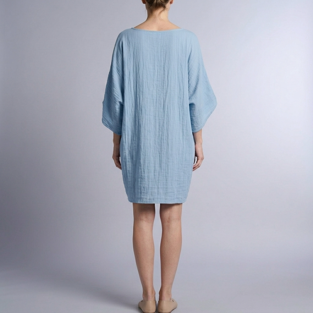 Women's Linen Dress | Midi Kaftan Batwing Sleeve Sky Blue front view