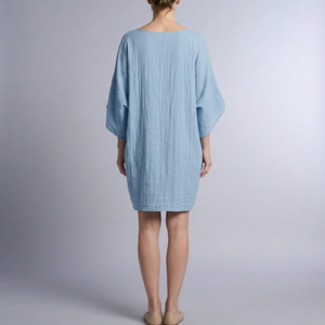 Women's Linen Dress | Midi Kaftan Batwing Sleeve Sky Blue back view
