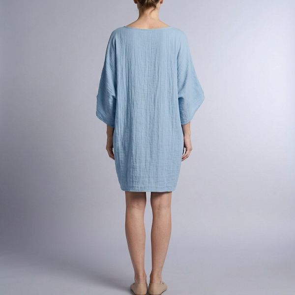 Women's Linen Dress | Midi Kaftan Batwing Sleeve Sky Blue back view