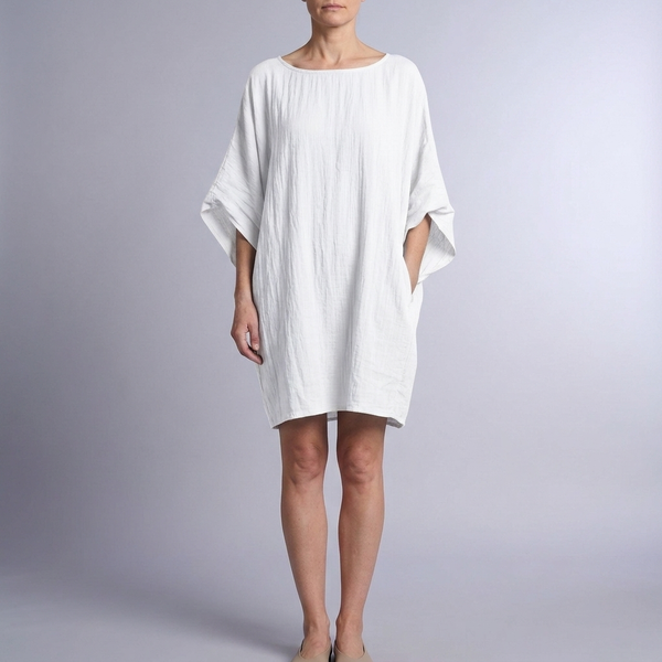 Women's Linen Dress | Midi Kaftan Batwing Sleeve White front view