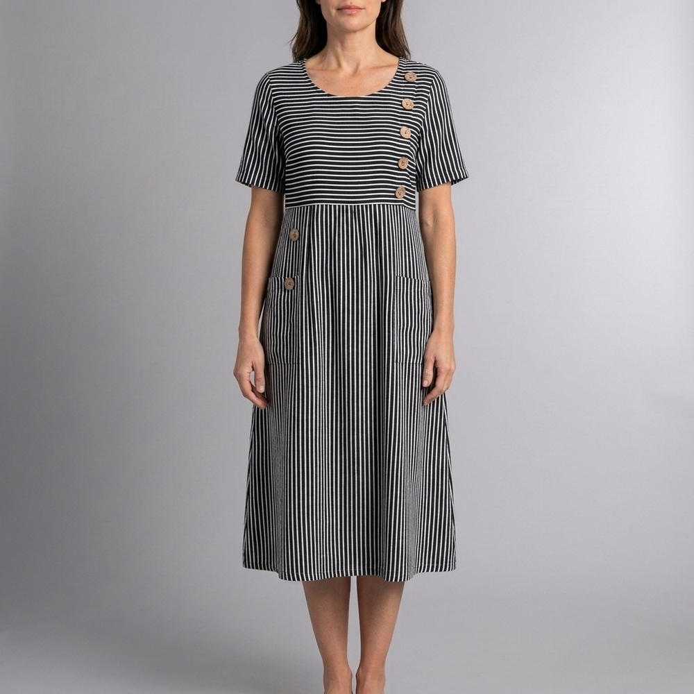 Women's Dress | Midi Striped Button Front Short Sleeve Blue front view
