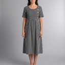 Women's Dress | Midi Striped Button Front Short Sleeve Black front view