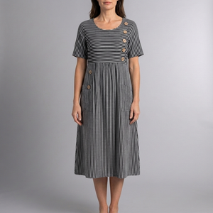 Women's Dress | Midi Striped Button Front Short Sleeve Black front view