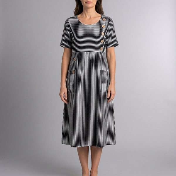 Women's Dress | Midi Striped Button Front Short Sleeve Black front view