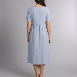 Women's Dress | Midi Striped Button Front Short Sleeve Blue back view