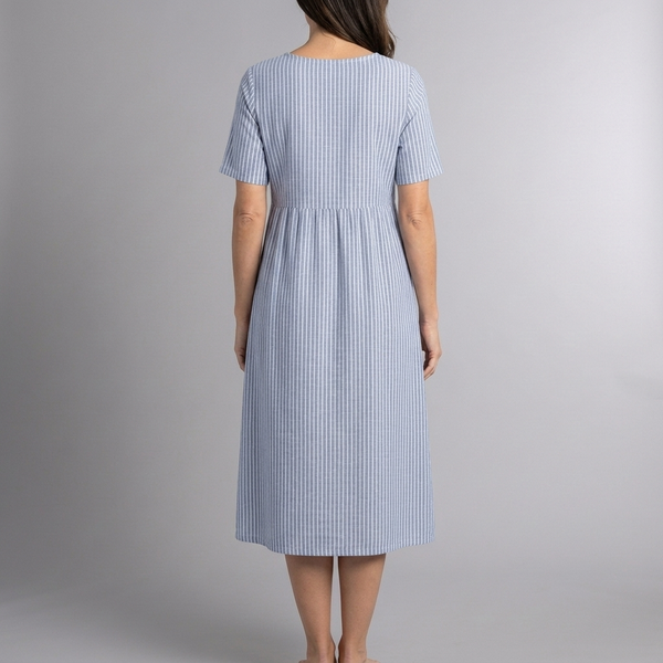 Women's Dress | Midi Striped Button Front Short Sleeve Blue back view