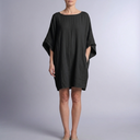 Women's Linen Dress | Midi Kaftan Batwing Sleeve Black front view