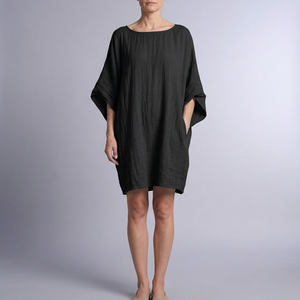 Women's Linen Dress | Midi Kaftan Batwing Sleeve Black front view