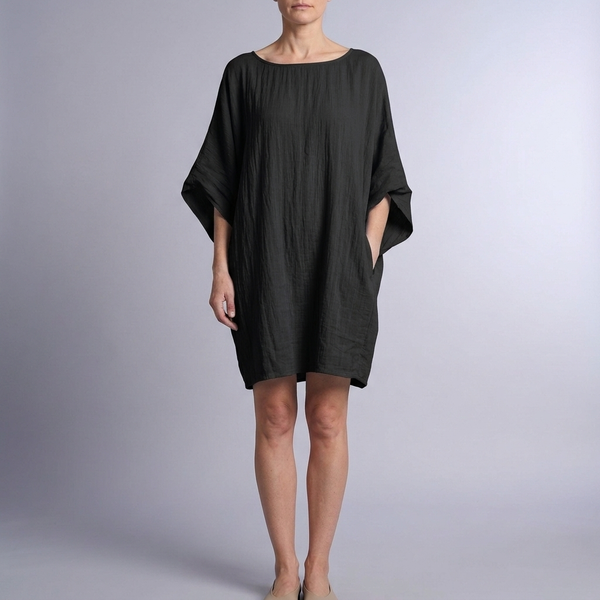 Women's Linen Dress | Midi Kaftan Batwing Sleeve Black front view