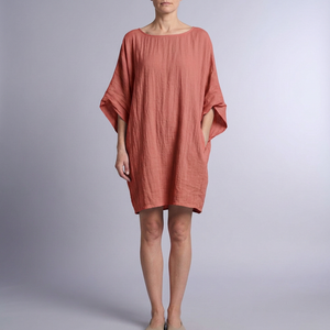 Women's Linen Dress | Midi Kaftan Batwing Sleeve Coral Red front view