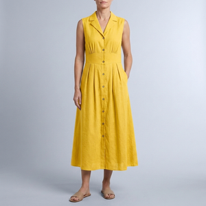 Women's Summer Dress | Midi Collared Button Front Sleeveless Yellow front view