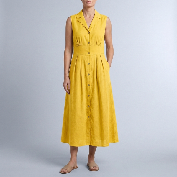 Women's Summer Dress | Midi Collared Button Front Sleeveless Yellow front view
