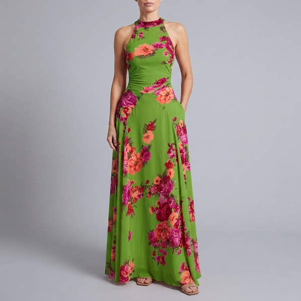 Women's Maxi Dress | High Neck Sleeveless Halter grass green front view
