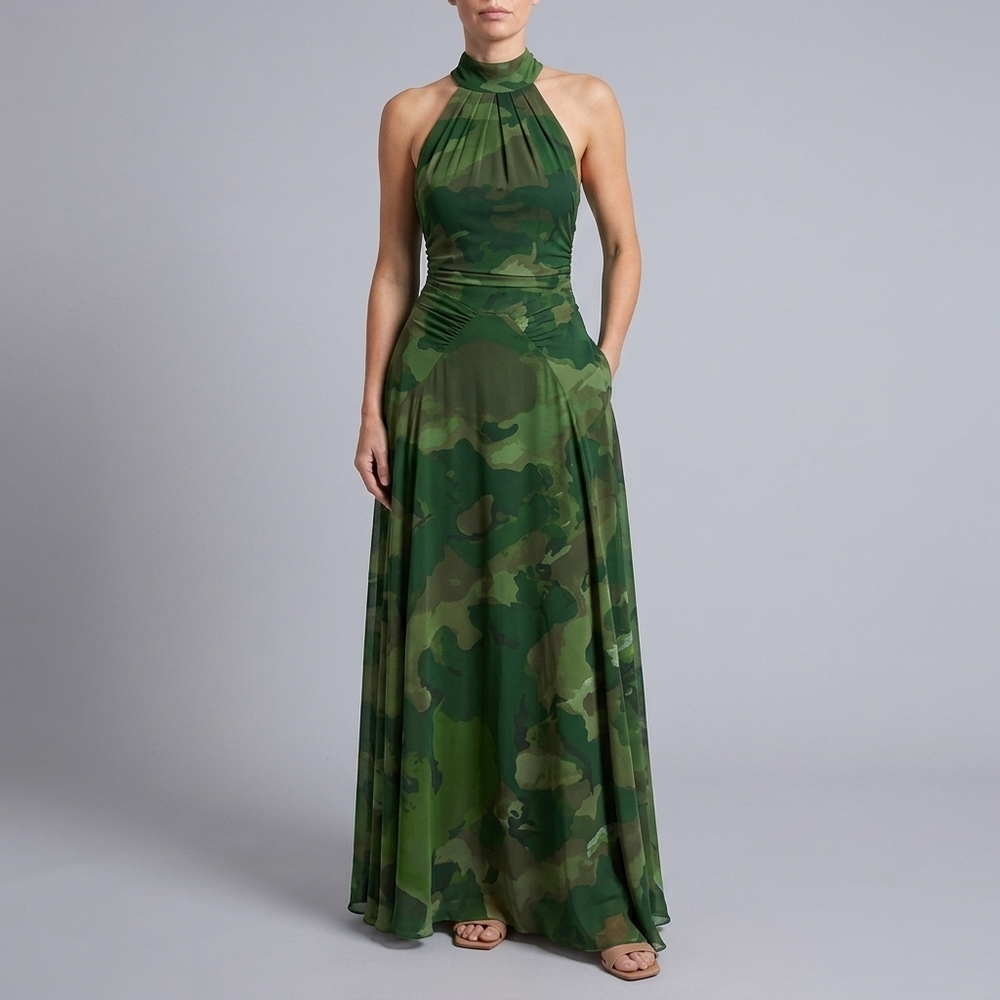 Women's Maxi Dress | High Neck Sleeveless Halter Apricot pink front view
