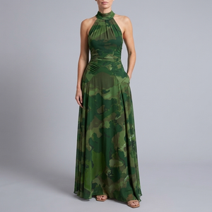 Women's Maxi Dress | High Neck Sleeveless Halter green front view