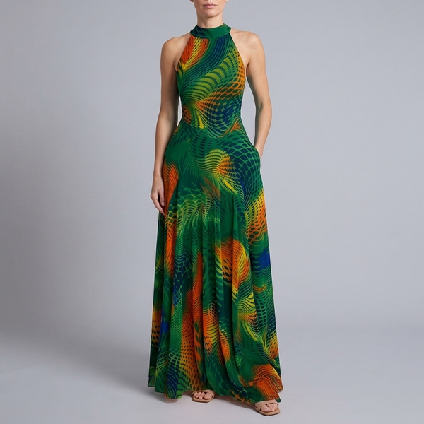 Women's Maxi Dress | High Neck Sleeveless Halter emerald green front view