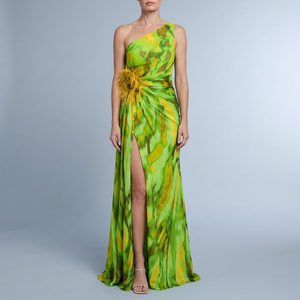 Women's Maxi Dress | One-Shoulder Flowy Green front view