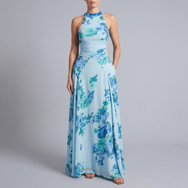 Women's Maxi Dress | High Neck Sleeveless Halter sky blue front view
