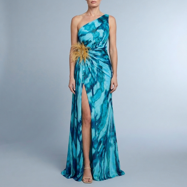 Women's Maxi Dress | One-Shoulder Flowy Cyan front view